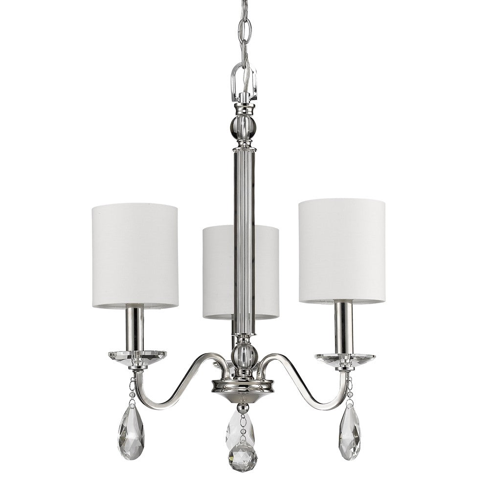 Silver Candle Style Three Light Metal and Crystals Dimmable Chandelier With White Shades-1