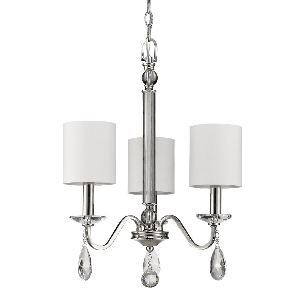 Silver Candle Style Three Light Metal and Crystals Dimmable Chandelier With White Shades-2