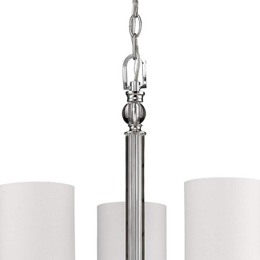 Silver Candle Style Three Light Metal and Crystals Dimmable Chandelier With White Shades-3