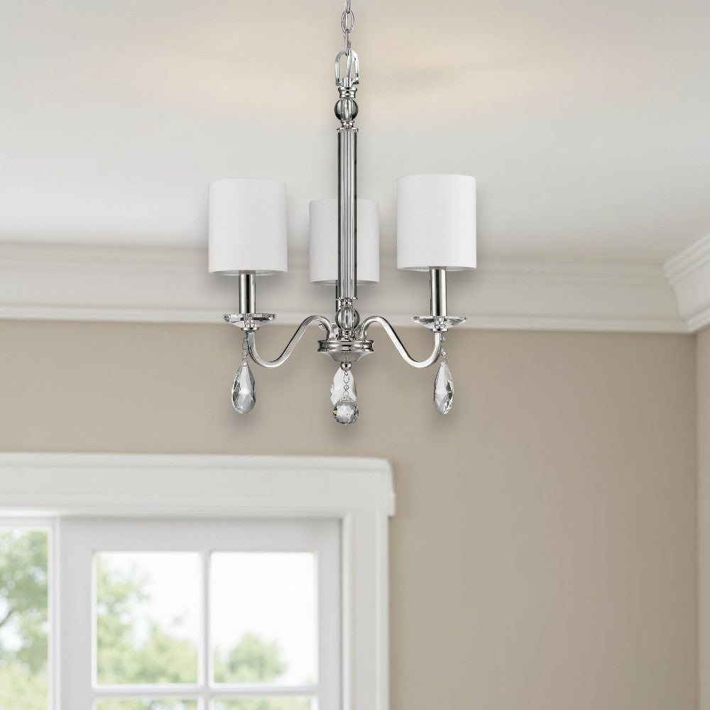 Silver Candle Style Three Light Metal and Crystals Dimmable Chandelier With White Shades-0