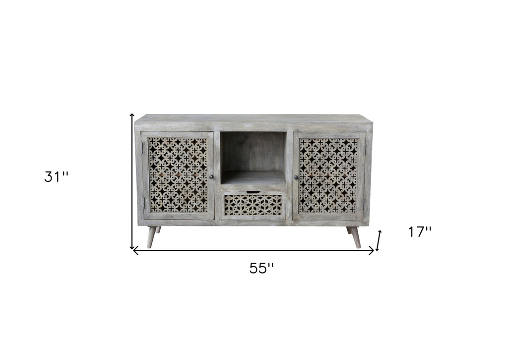 Gray Solid Wood Cabinet Enclosed Storage Worn TV Stand 55"