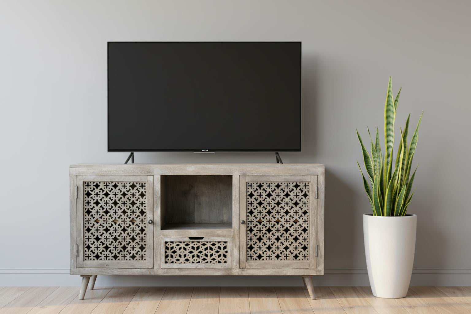 Gray Solid Wood Cabinet Enclosed Storage Worn TV Stand 55"