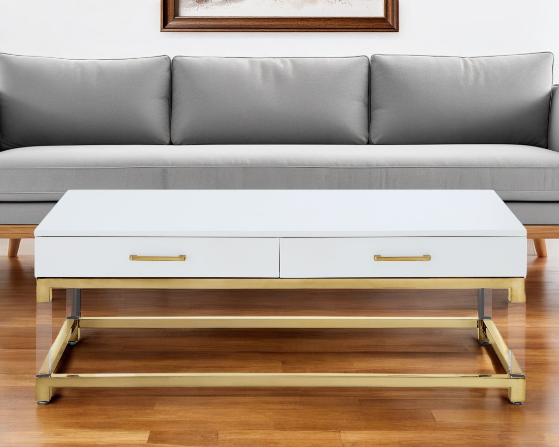 47" White Gold And Clear Wood Acrylic And Steel Coffee Table