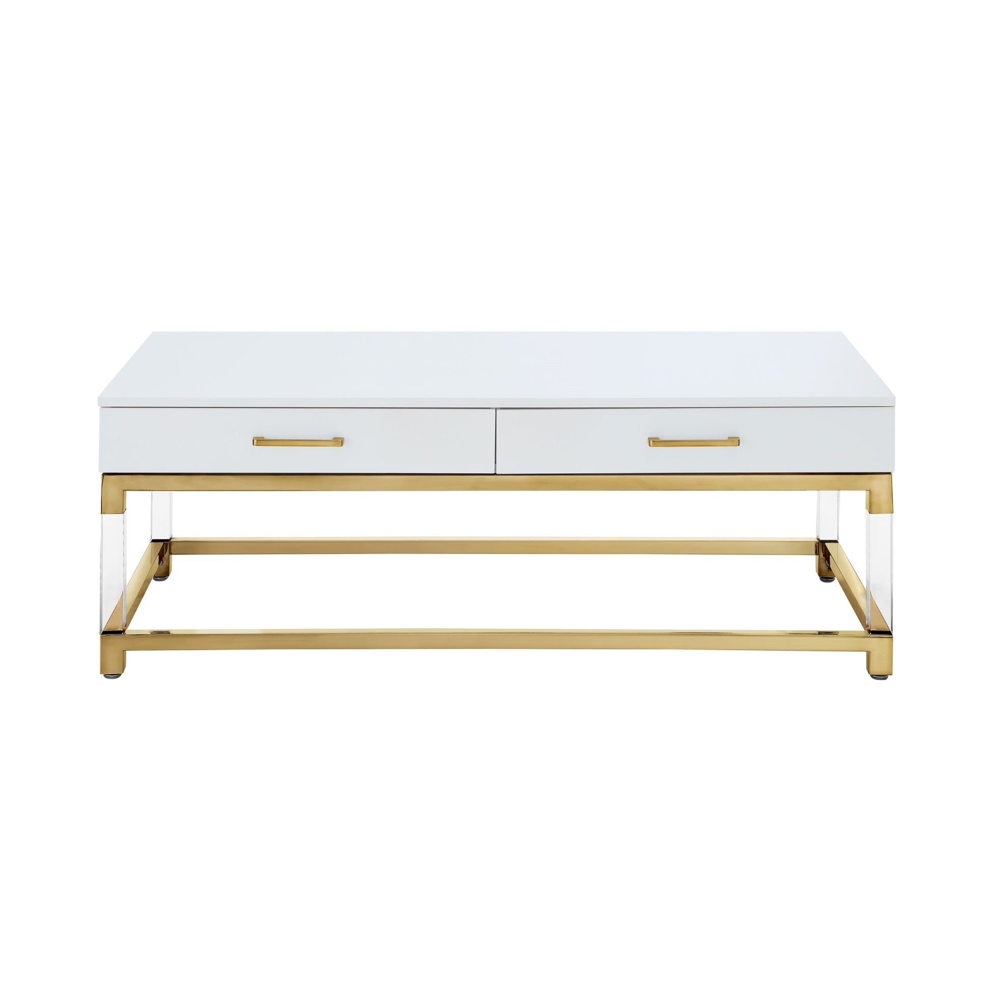 47" White Gold And Clear Wood Acrylic And Steel Coffee Table