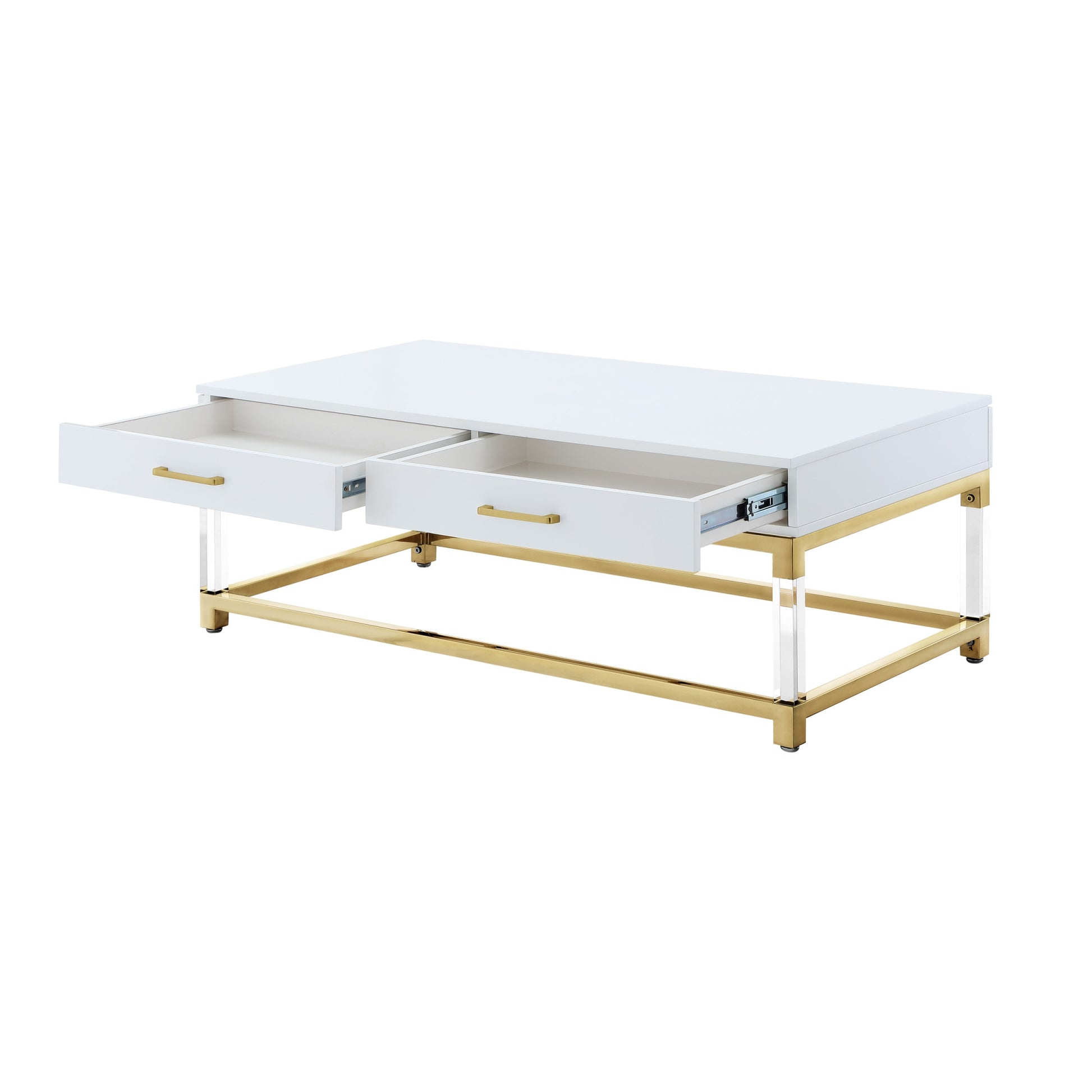 47" White Gold And Clear Wood Acrylic And Steel Coffee Table