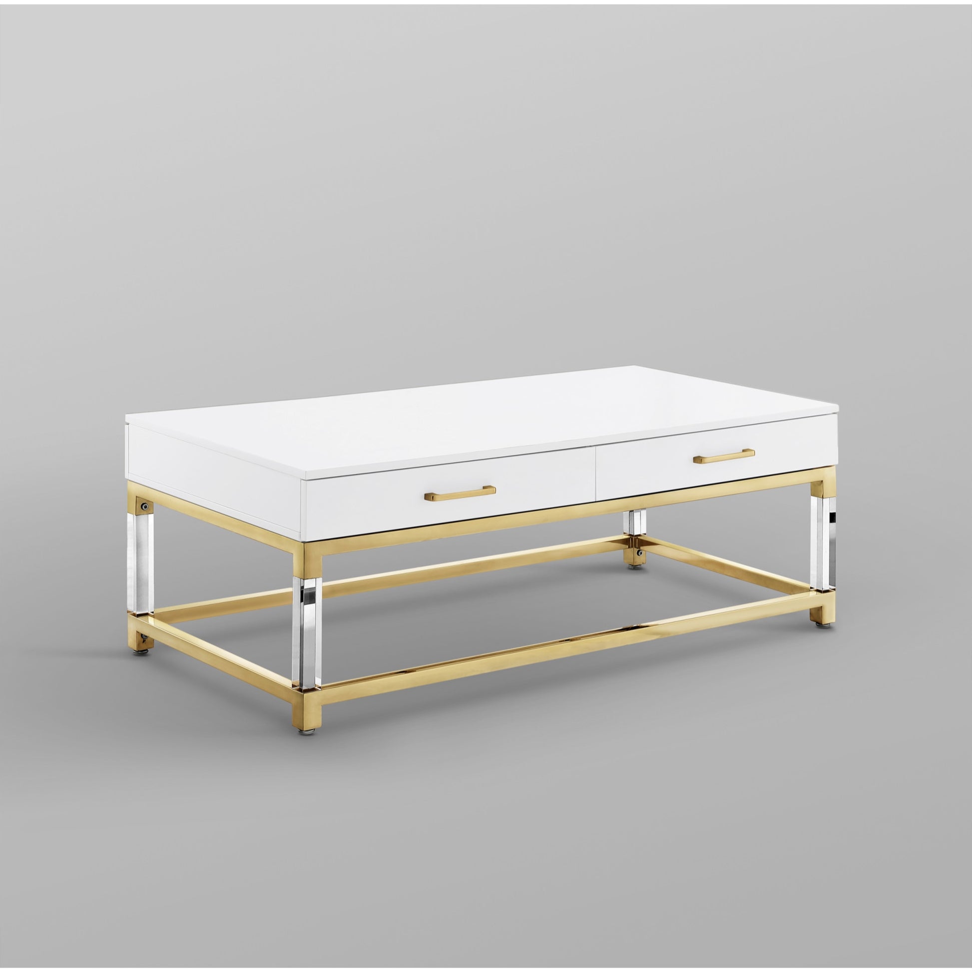 47" White Gold And Clear Wood Acrylic And Steel Coffee Table
