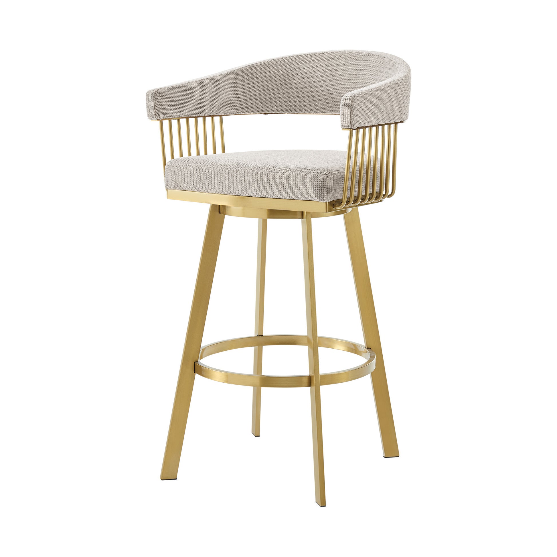 Taupe and Gold Fabric and Stainless Steel Low Back Bar Height Swivel Bar Chair 30"