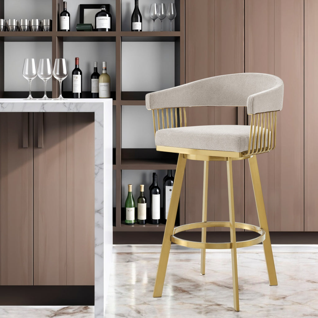 Taupe and Gold Fabric and Stainless Steel Low Back Bar Height Swivel Bar Chair 30"