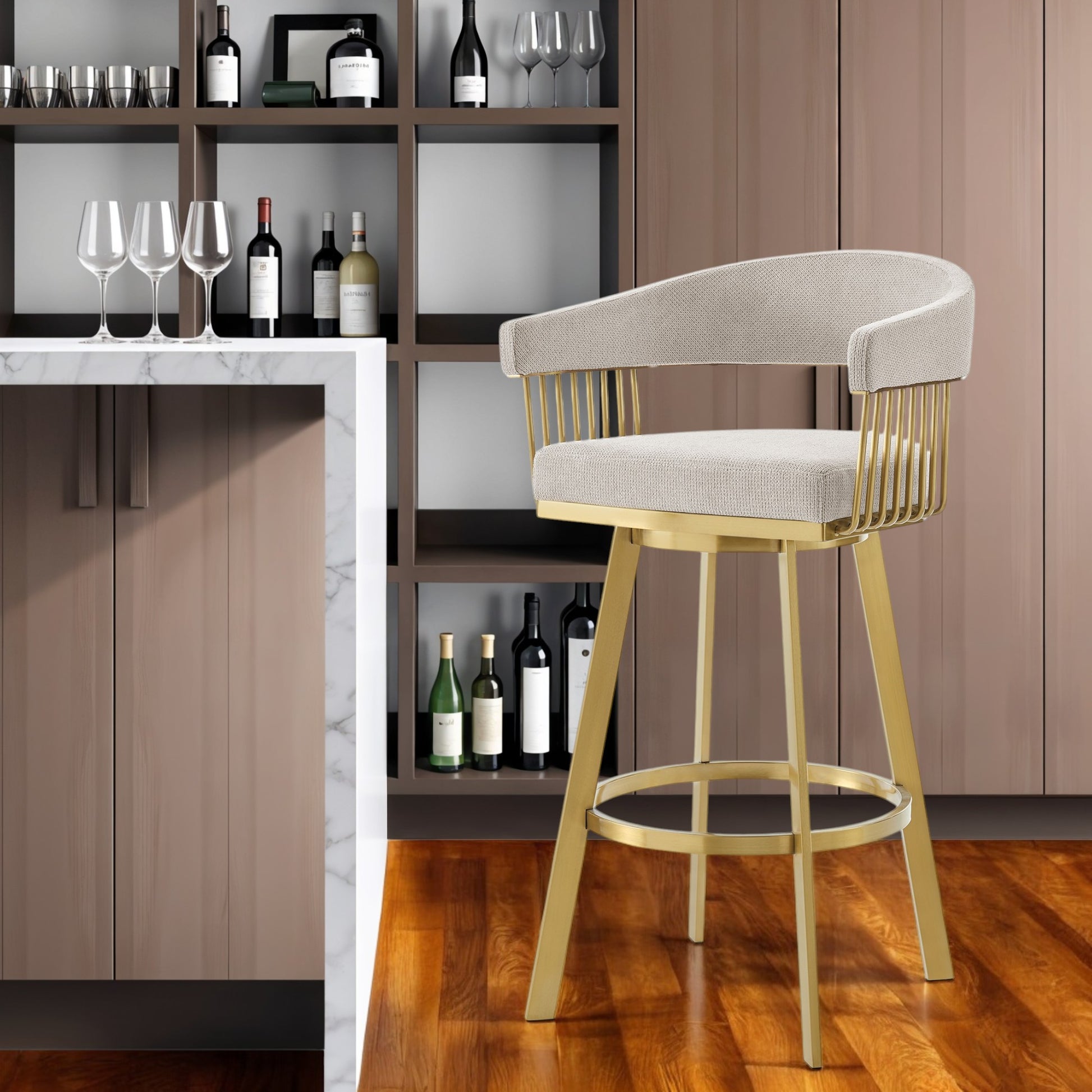 Taupe and Gold Fabric and Stainless Steel Low Back Bar Height Swivel Bar Chair 30"