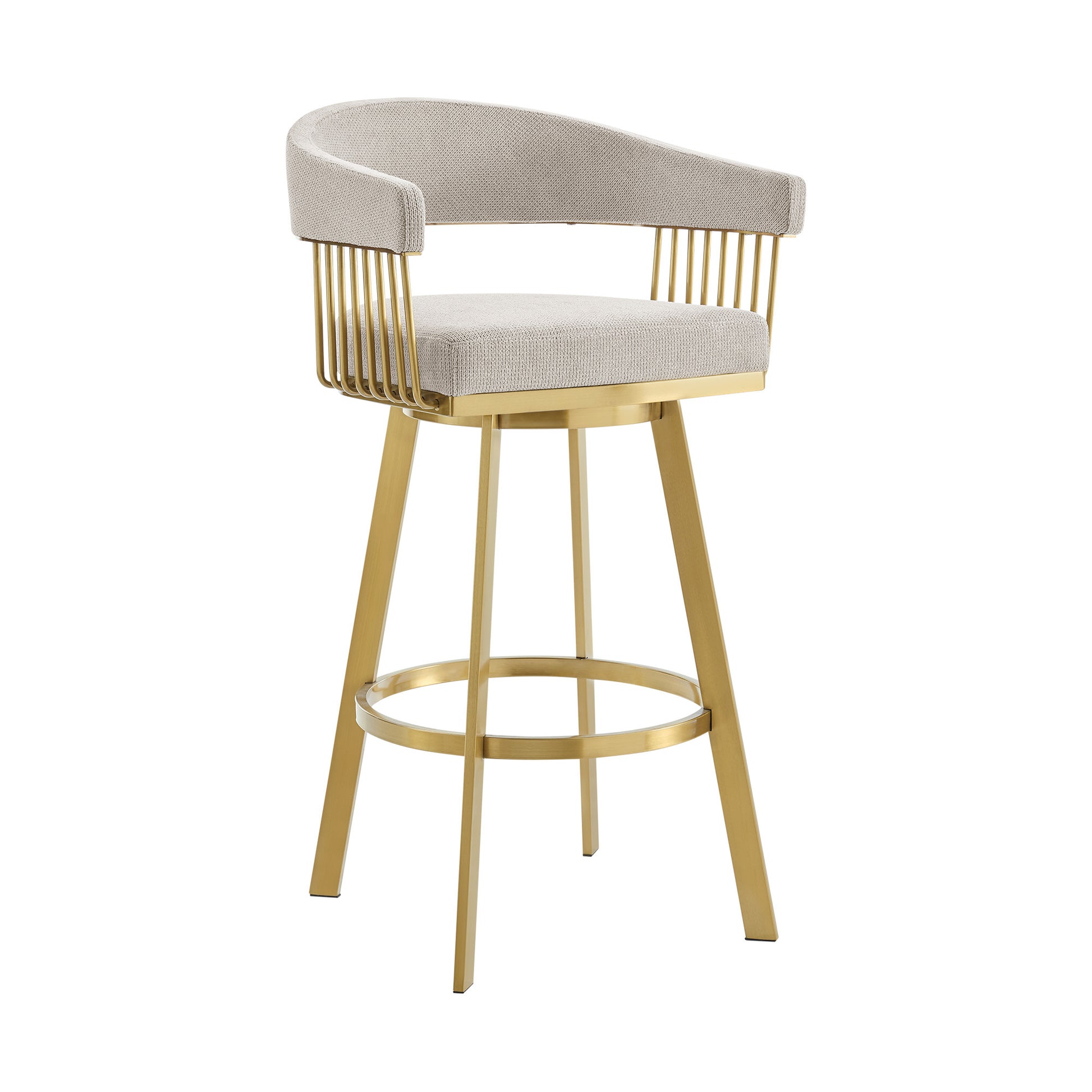 Taupe and Gold Fabric and Stainless Steel Low Back Bar Height Swivel Bar Chair 30"