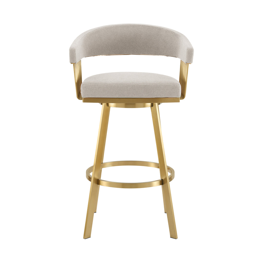 Taupe and Gold Fabric and Stainless Steel Low Back Bar Height Swivel Bar Chair 30"