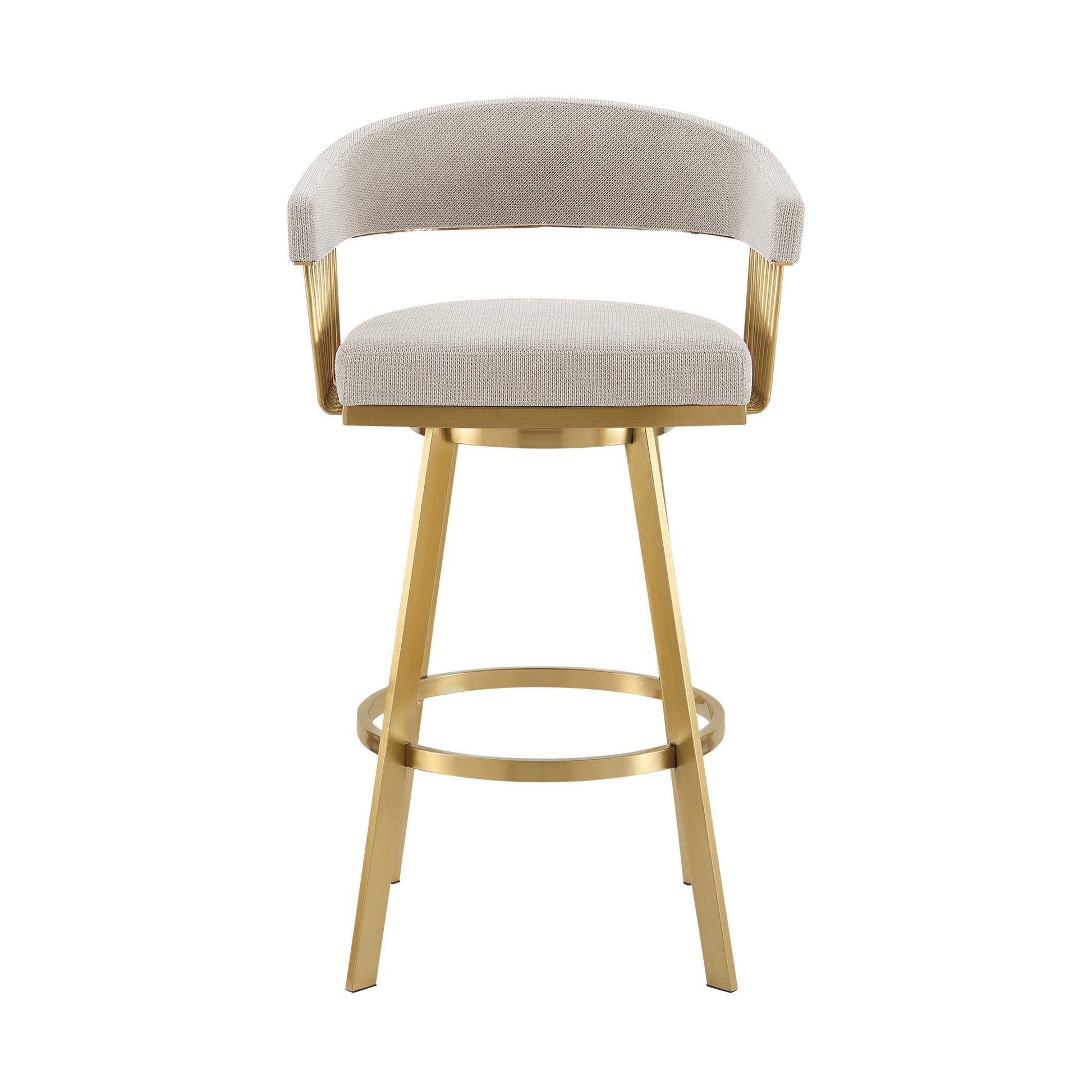 Taupe and Gold Fabric and Stainless Steel Low Back Bar Height Swivel Bar Chair 30"