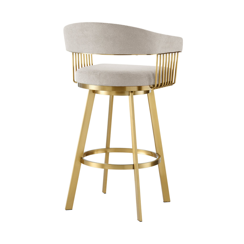 Taupe and Gold Fabric and Stainless Steel Low Back Bar Height Swivel Bar Chair 30"