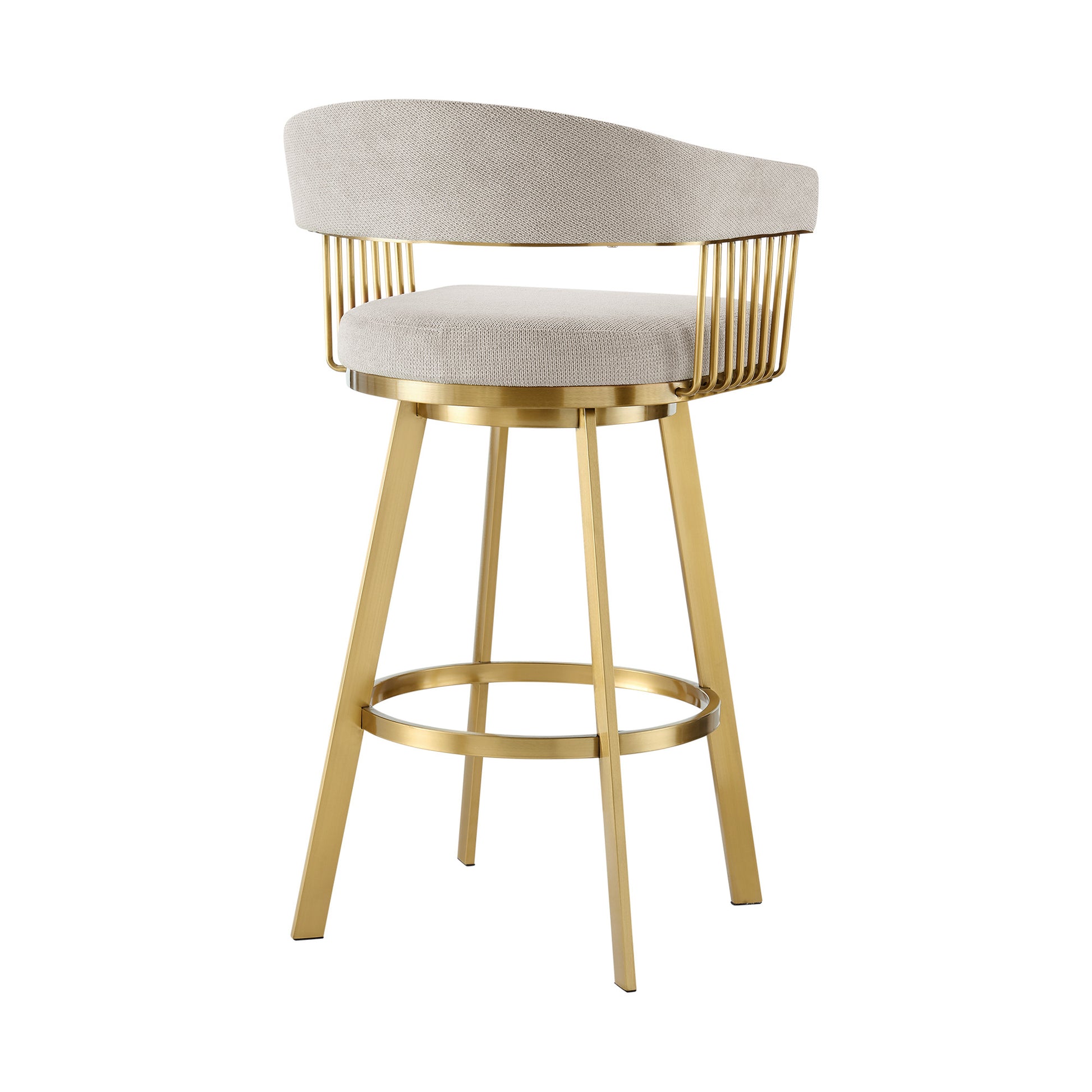 Taupe and Gold Fabric and Stainless Steel Low Back Bar Height Swivel Bar Chair 30"