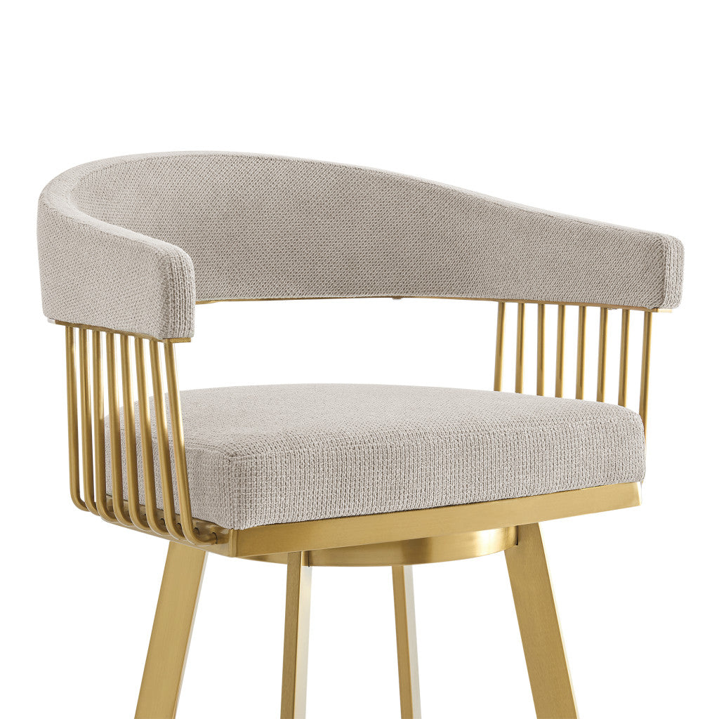 Taupe and Gold Fabric and Stainless Steel Low Back Bar Height Swivel Bar Chair 30"