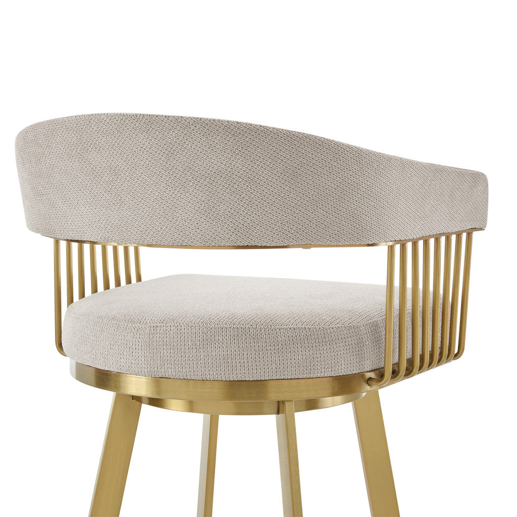 Taupe and Gold Fabric and Stainless Steel Low Back Bar Height Swivel Bar Chair 30"