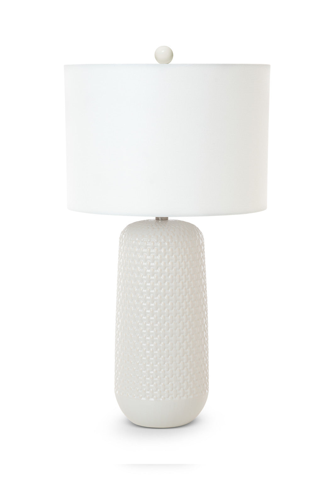 Set of Two White Textured Ceramic Table Lamps With White Drum Shades 30"