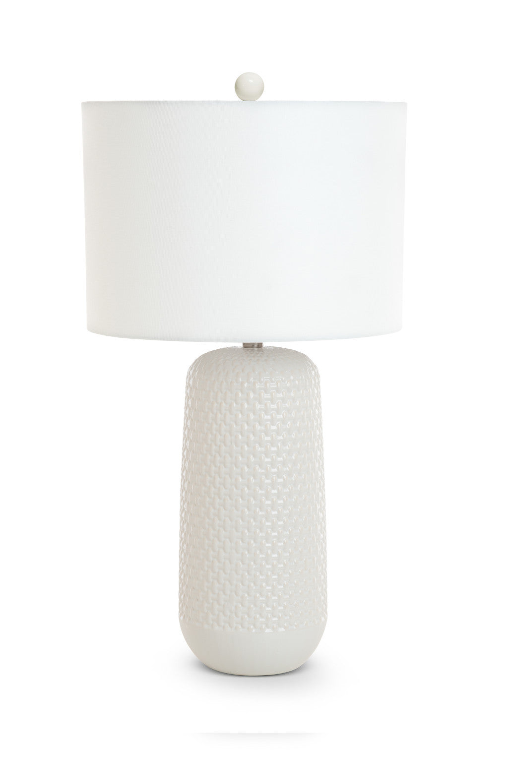 Set of Two White Textured Ceramic Table Lamps With White Drum Shades 30"