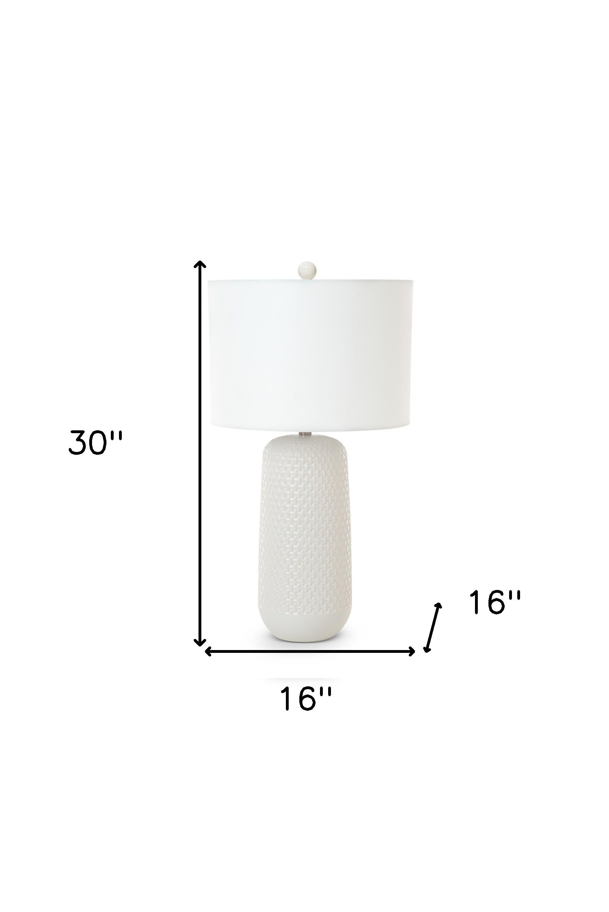 Set of Two White Textured Ceramic Table Lamps With White Drum Shades 30"