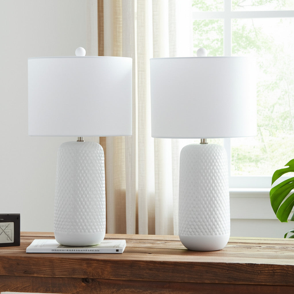 Set of Two White Textured Ceramic Table Lamps With White Drum Shades 30"