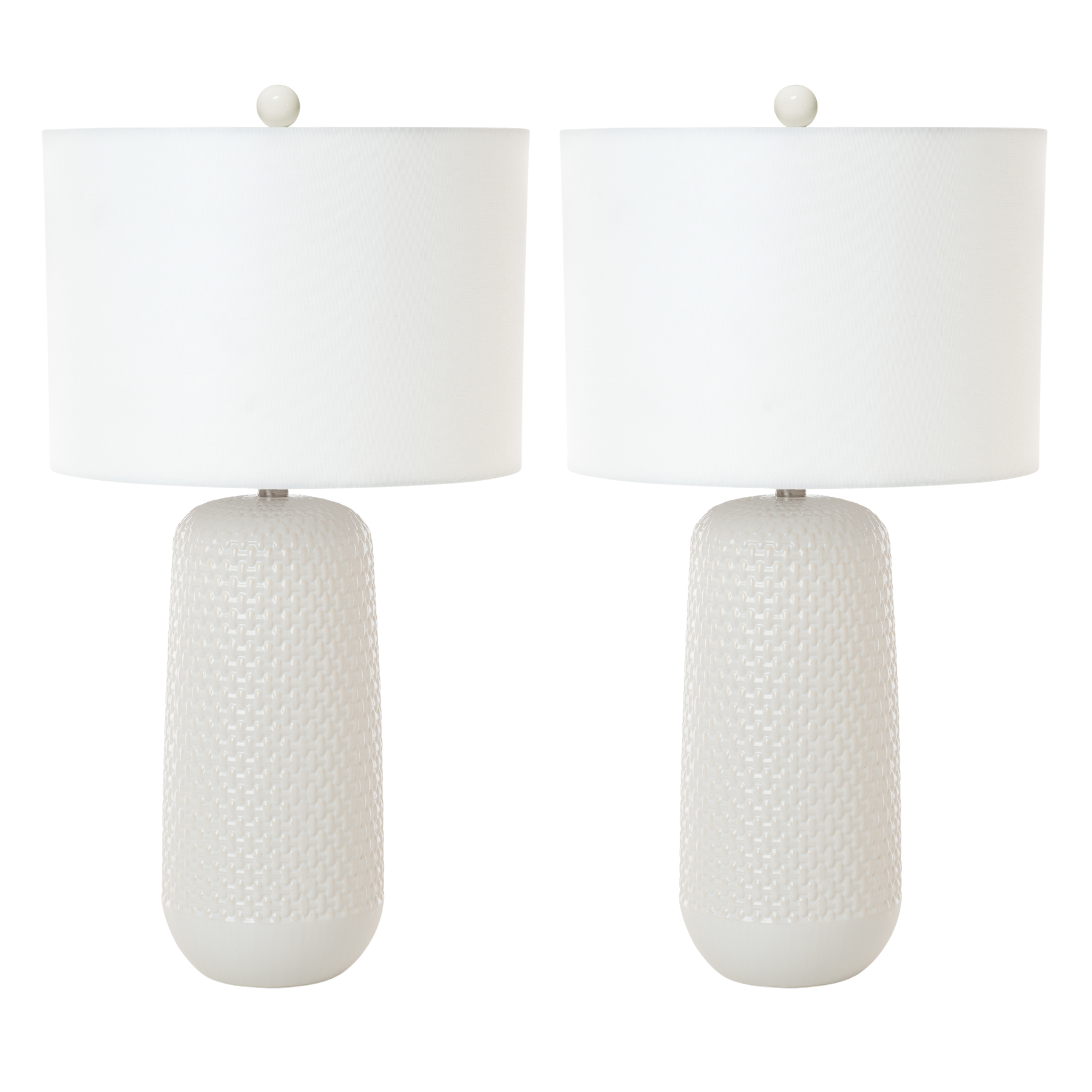 Set of Two White Textured Ceramic Table Lamps With White Drum Shades 30"