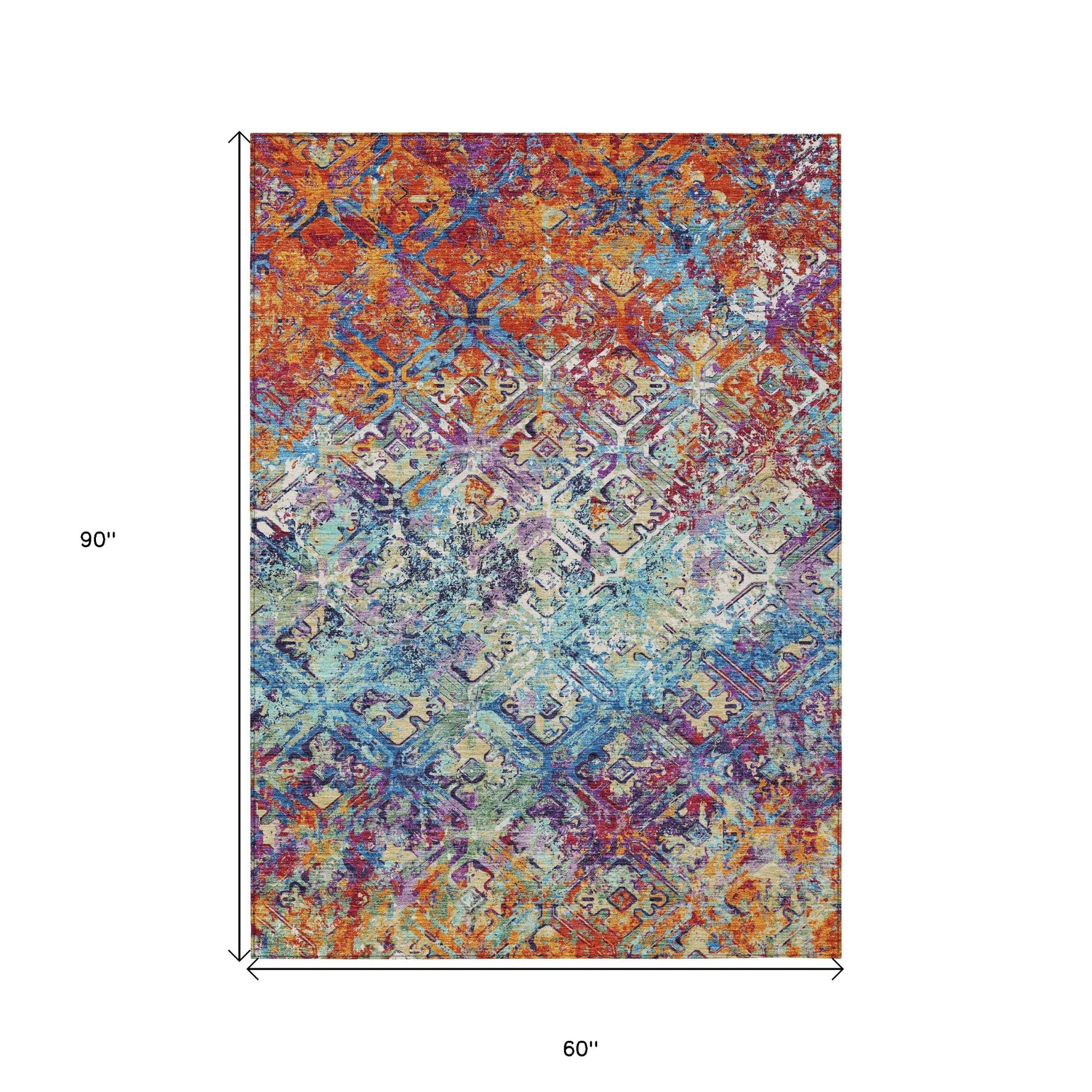 5' X 8' Copper Blue And Red Geometric Washable Indoor Outdoor Area Rug-2