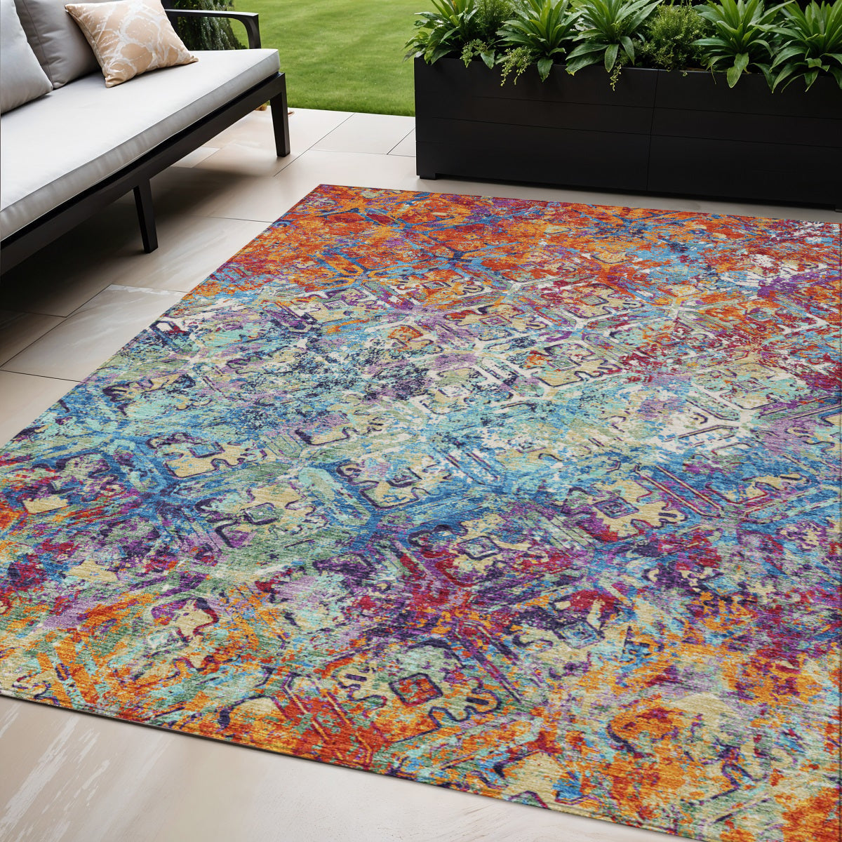 5' X 8' Copper Blue And Red Geometric Washable Indoor Outdoor Area Rug-0