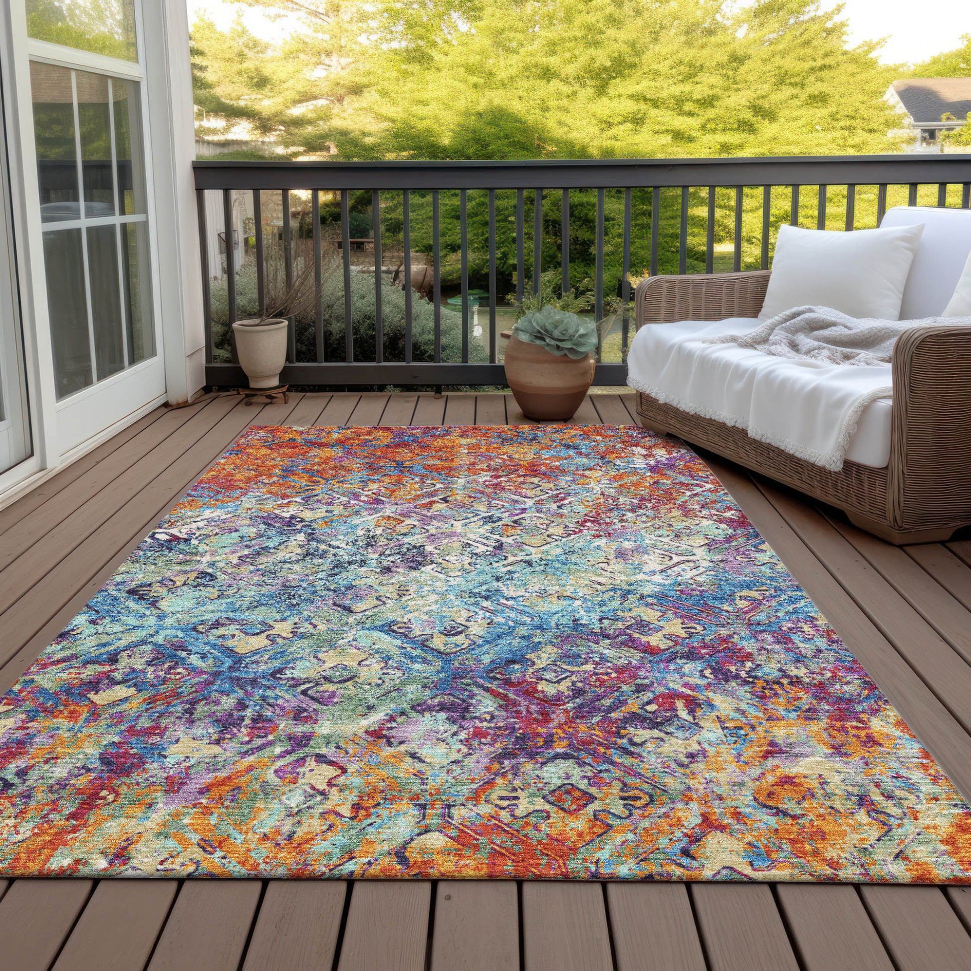 5' X 8' Copper Blue And Red Geometric Washable Indoor Outdoor Area Rug-7