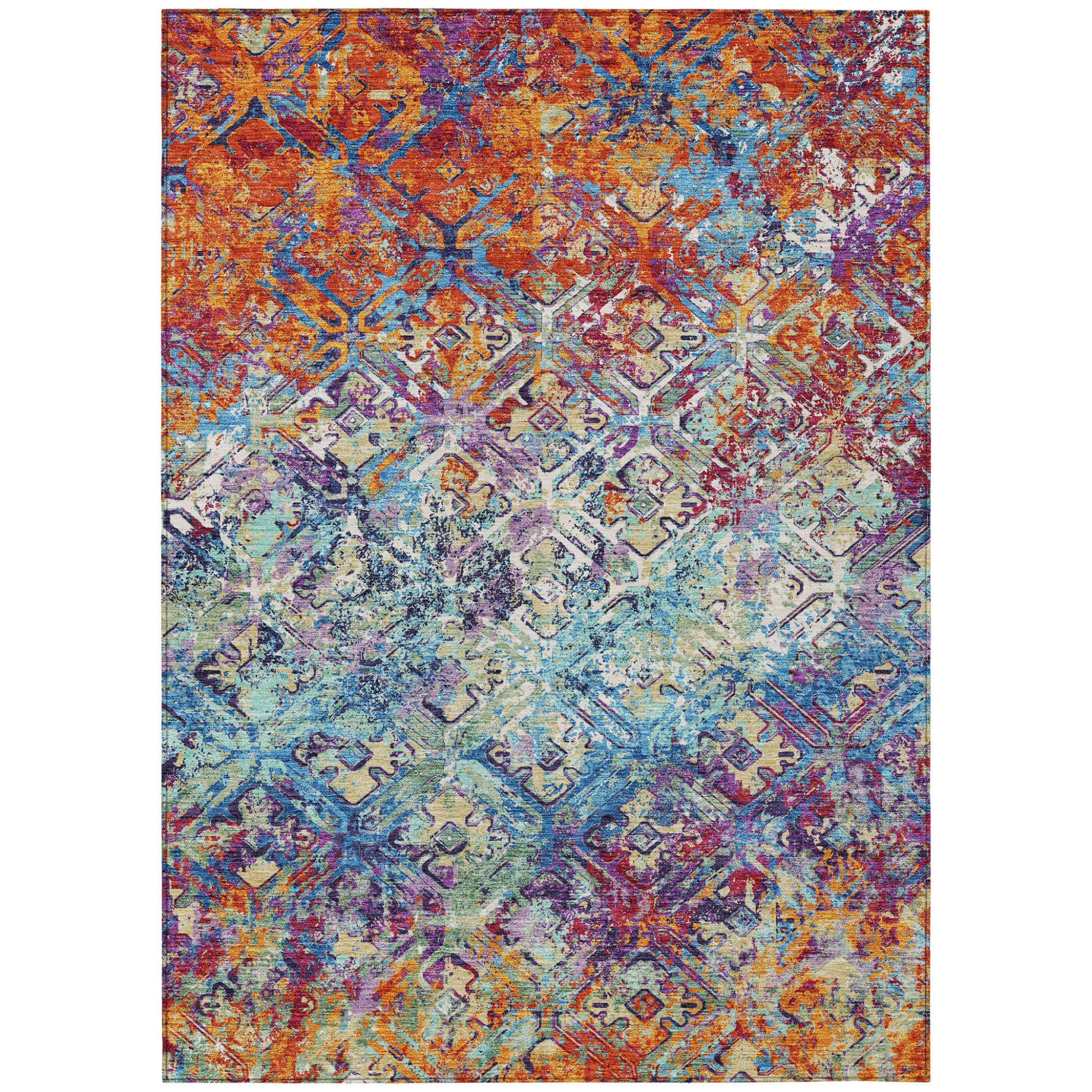 5' X 8' Copper Blue And Red Geometric Washable Indoor Outdoor Area Rug-1