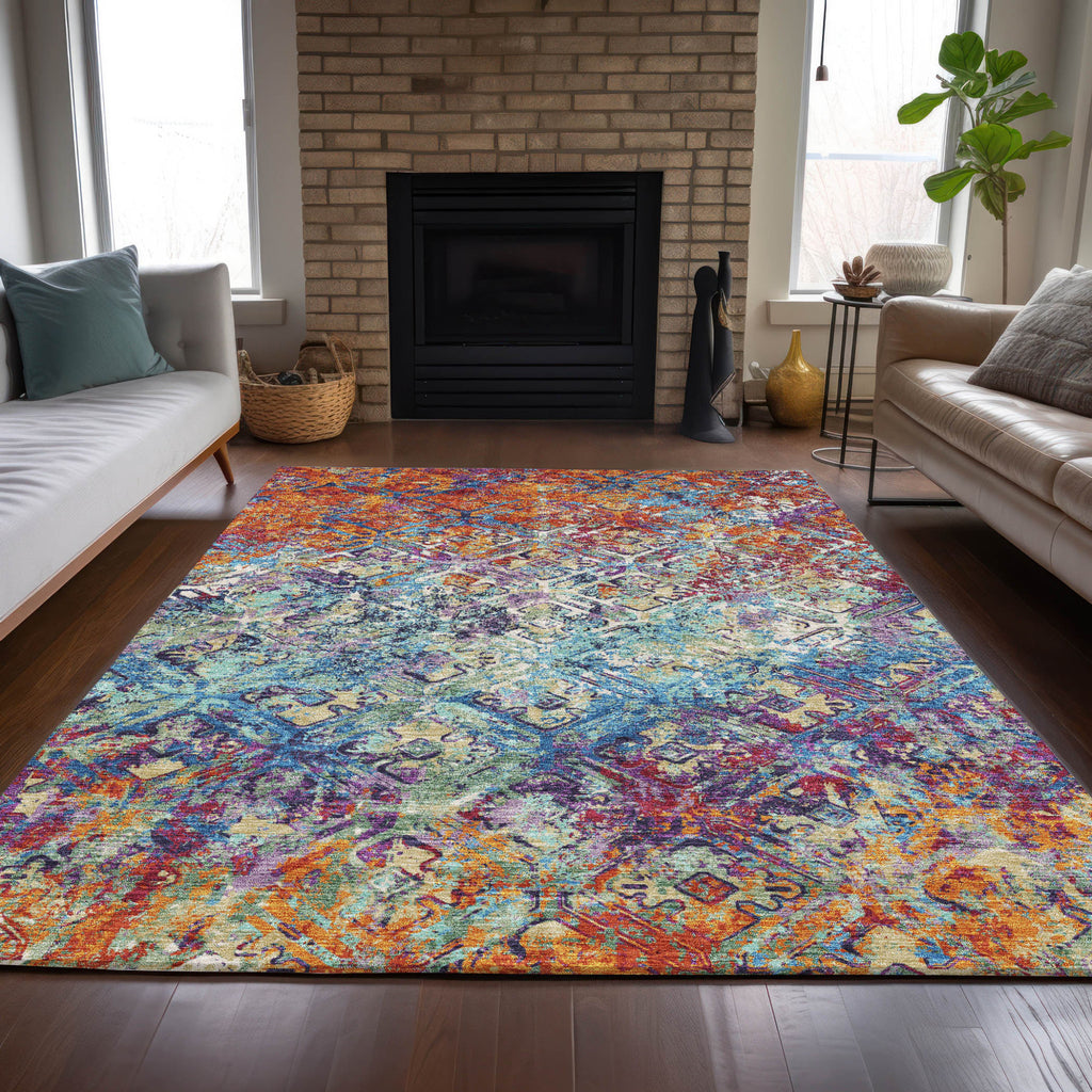 5' X 8' Copper Blue And Red Geometric Washable Indoor Outdoor Area Rug-8