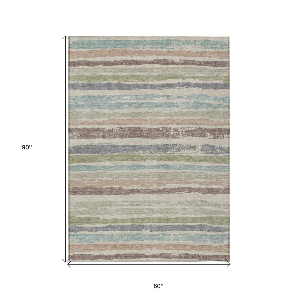 5' X 8' Beige Brown And Gray Striped Washable Indoor Outdoor Area Rug-2