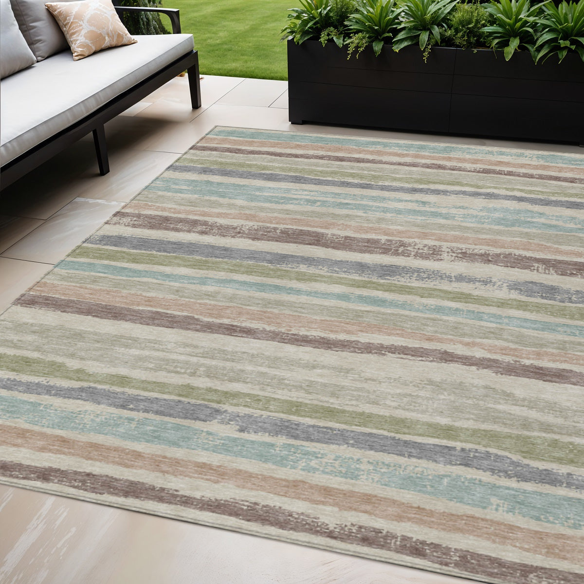 5' X 8' Beige Brown And Gray Striped Washable Indoor Outdoor Area Rug-0