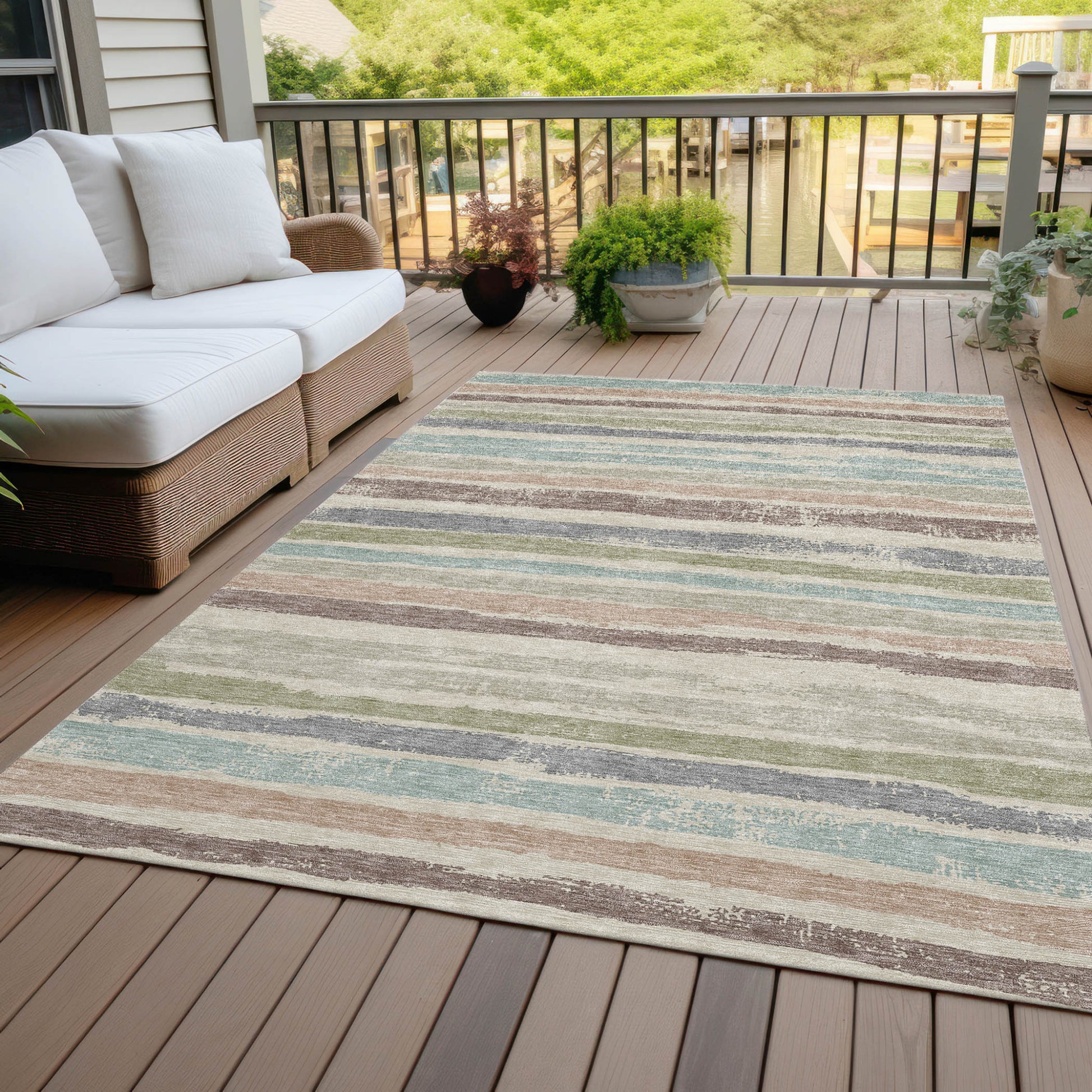 5' X 8' Beige Brown And Gray Striped Washable Indoor Outdoor Area Rug-6