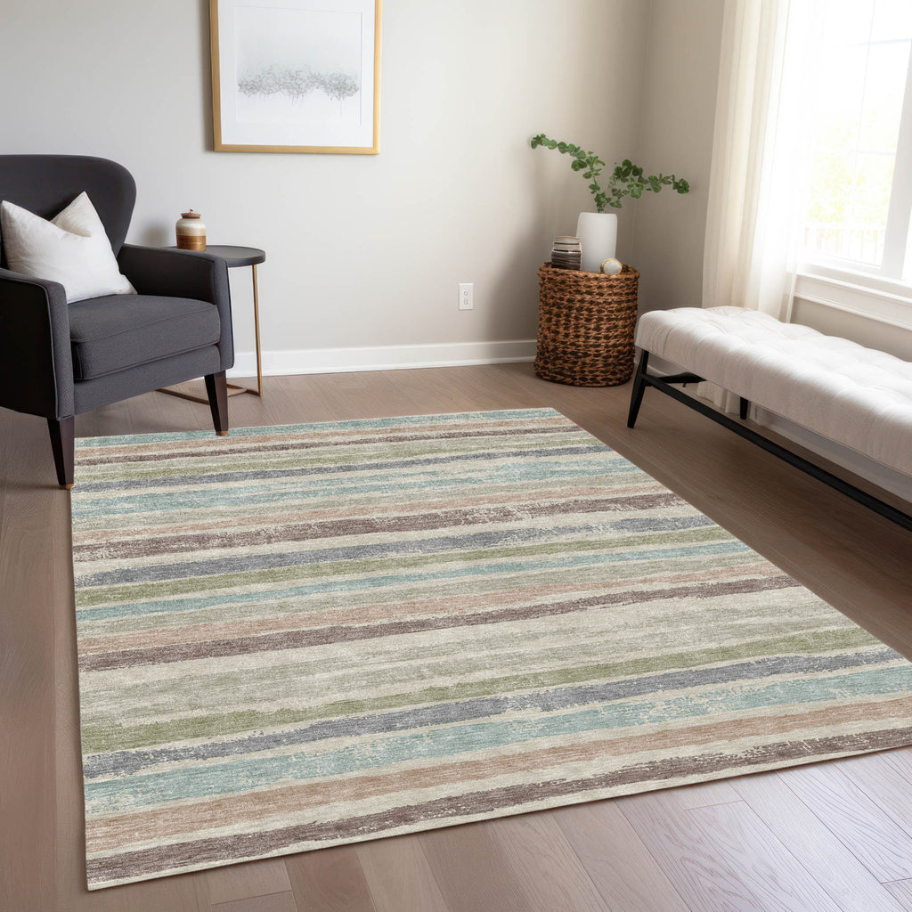 5' X 8' Beige Brown And Gray Striped Washable Indoor Outdoor Area Rug-7