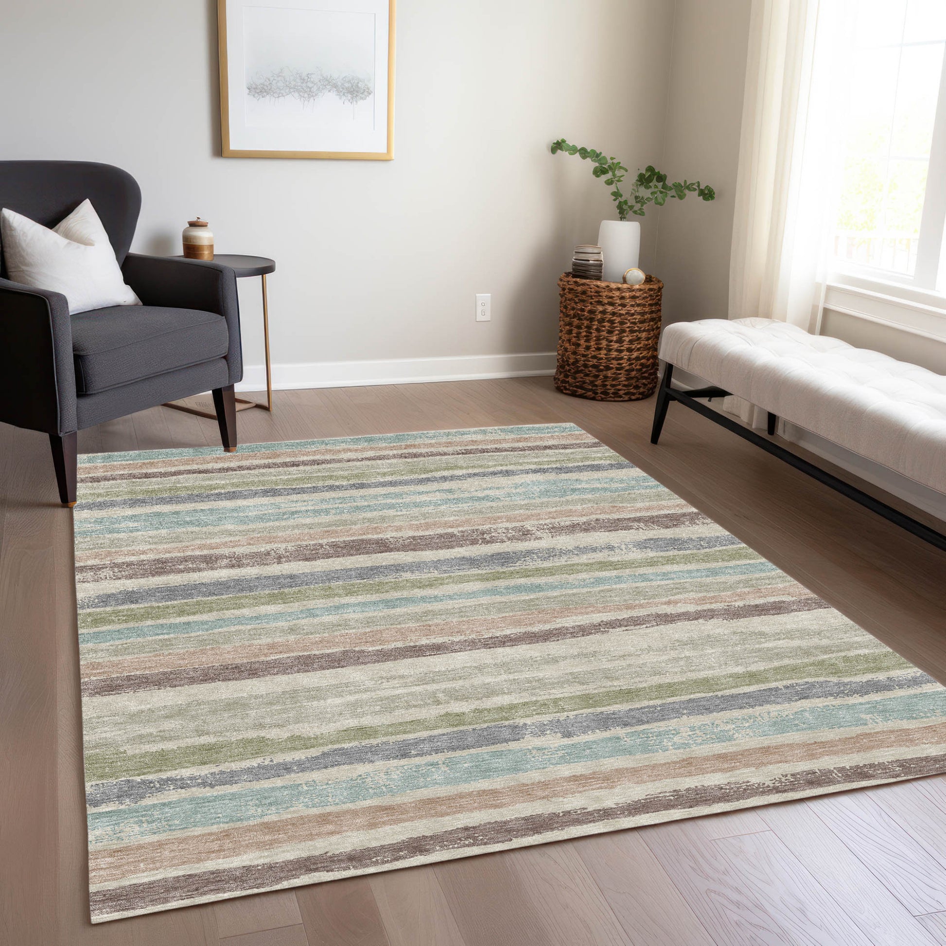 5' X 8' Beige Brown And Gray Striped Washable Indoor Outdoor Area Rug-7
