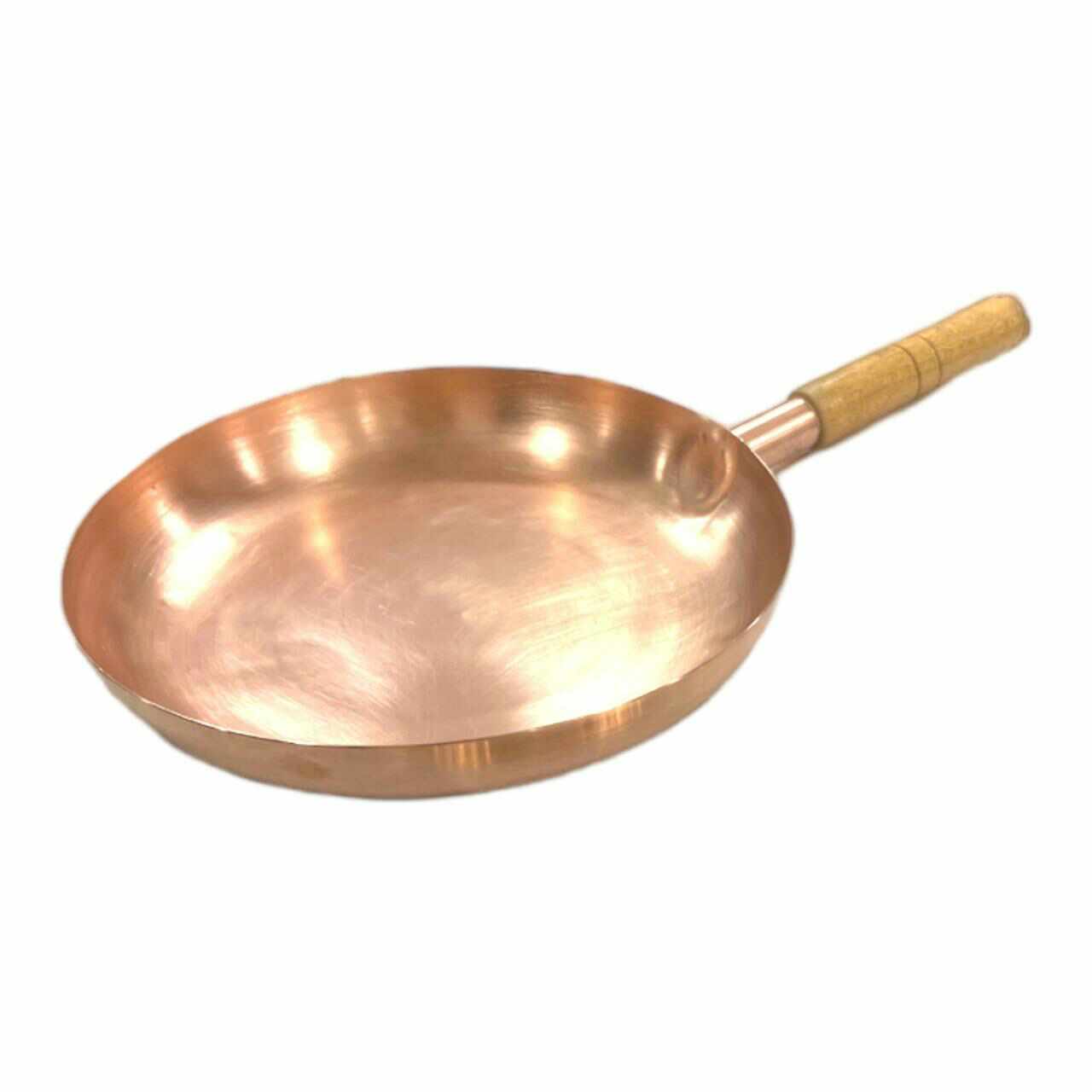 Round Plain Copper Pan with Matte Finish, Wood Handle and Spatula 10"